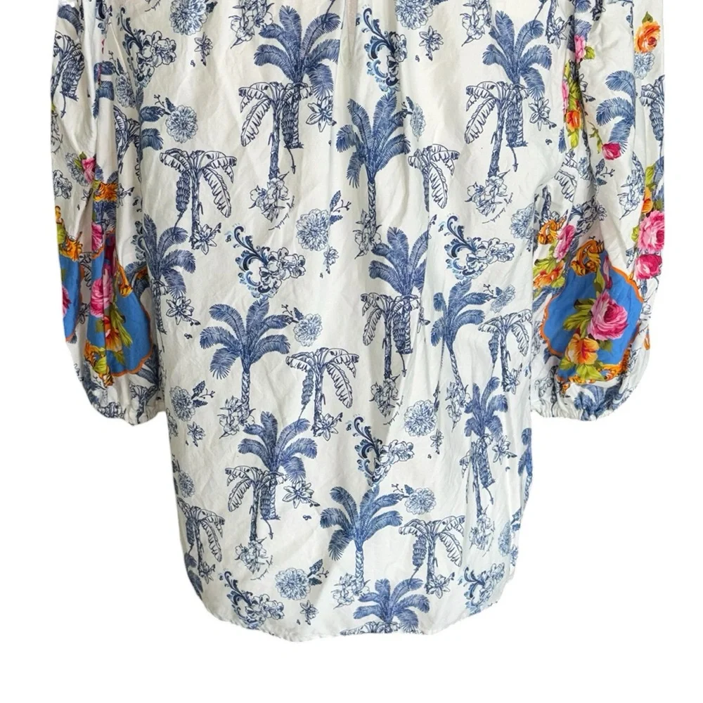 Emily Lovelock Blue Palm Tree Floral Print Puff Sleeve Top - L - Picture 8 of 11
